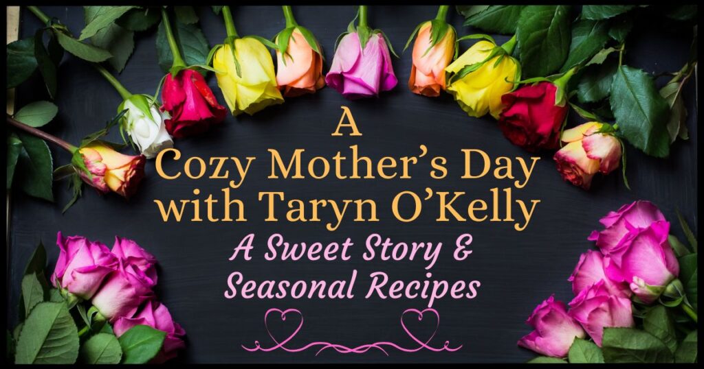 Mother’s Day blog post banner with pink roses and cozy mystery theme title