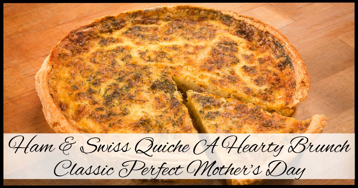 Freshly baked Ham and Swiss quiche in a flaky homemade crust, perfect for Mother's Day brunch