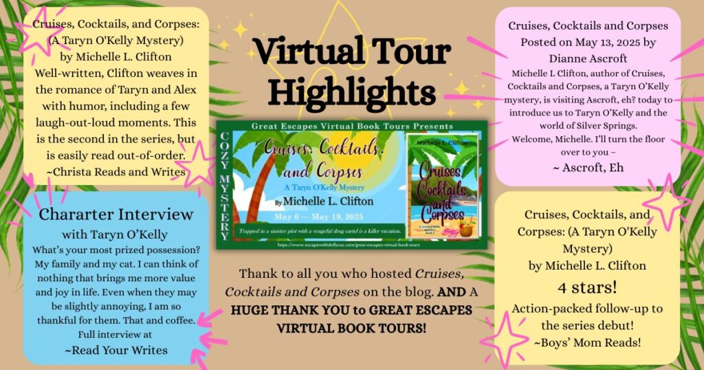 Virtual book tour highlights banner for Cruises, Cocktails, and Corpses by Michelle L. Clifton, featuring reviews, interviews, guest posts, and cocktail recipes
